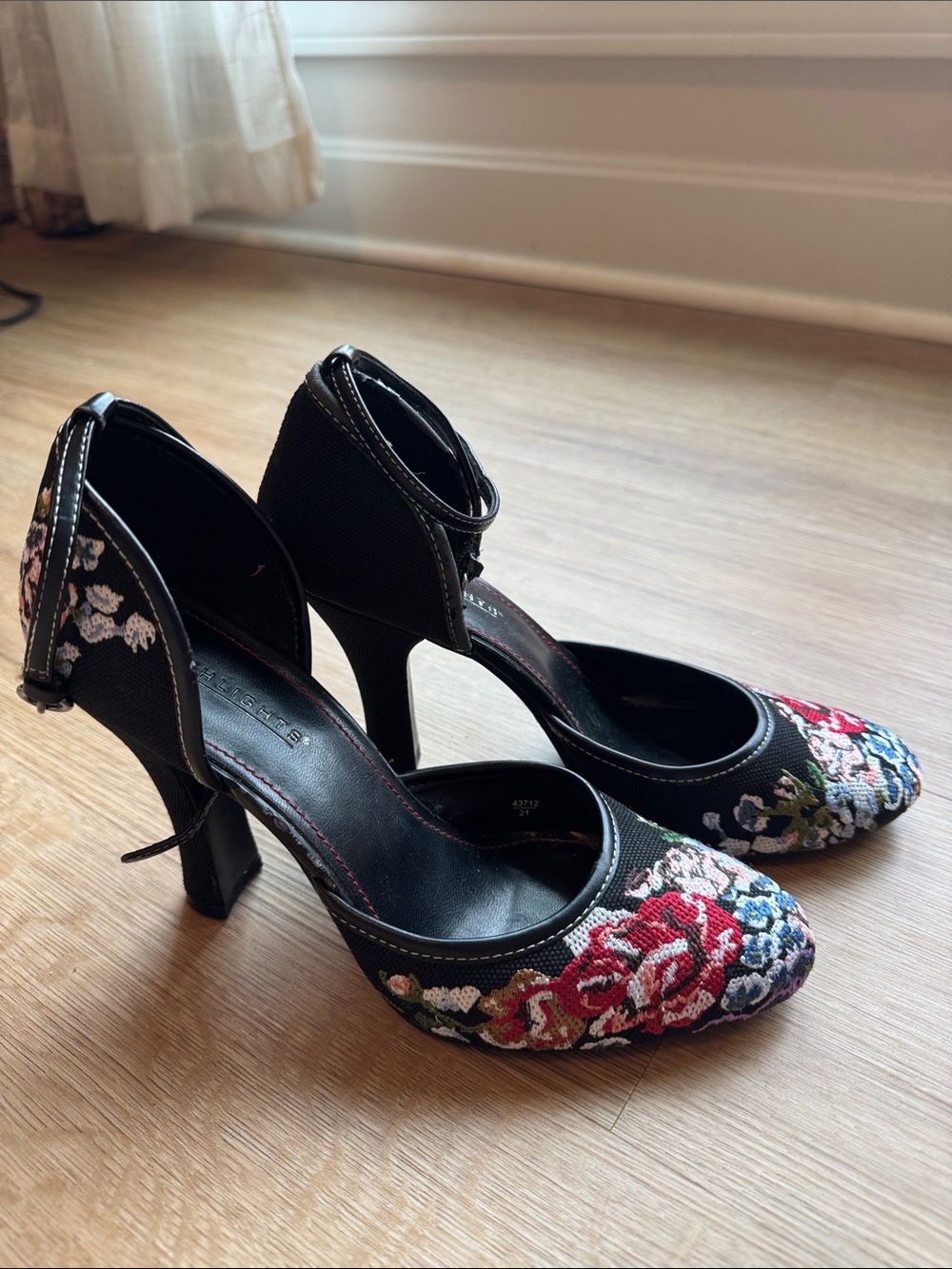Black Floral Embroidered High Heels with Ankle Strap - Picture 6 of 6